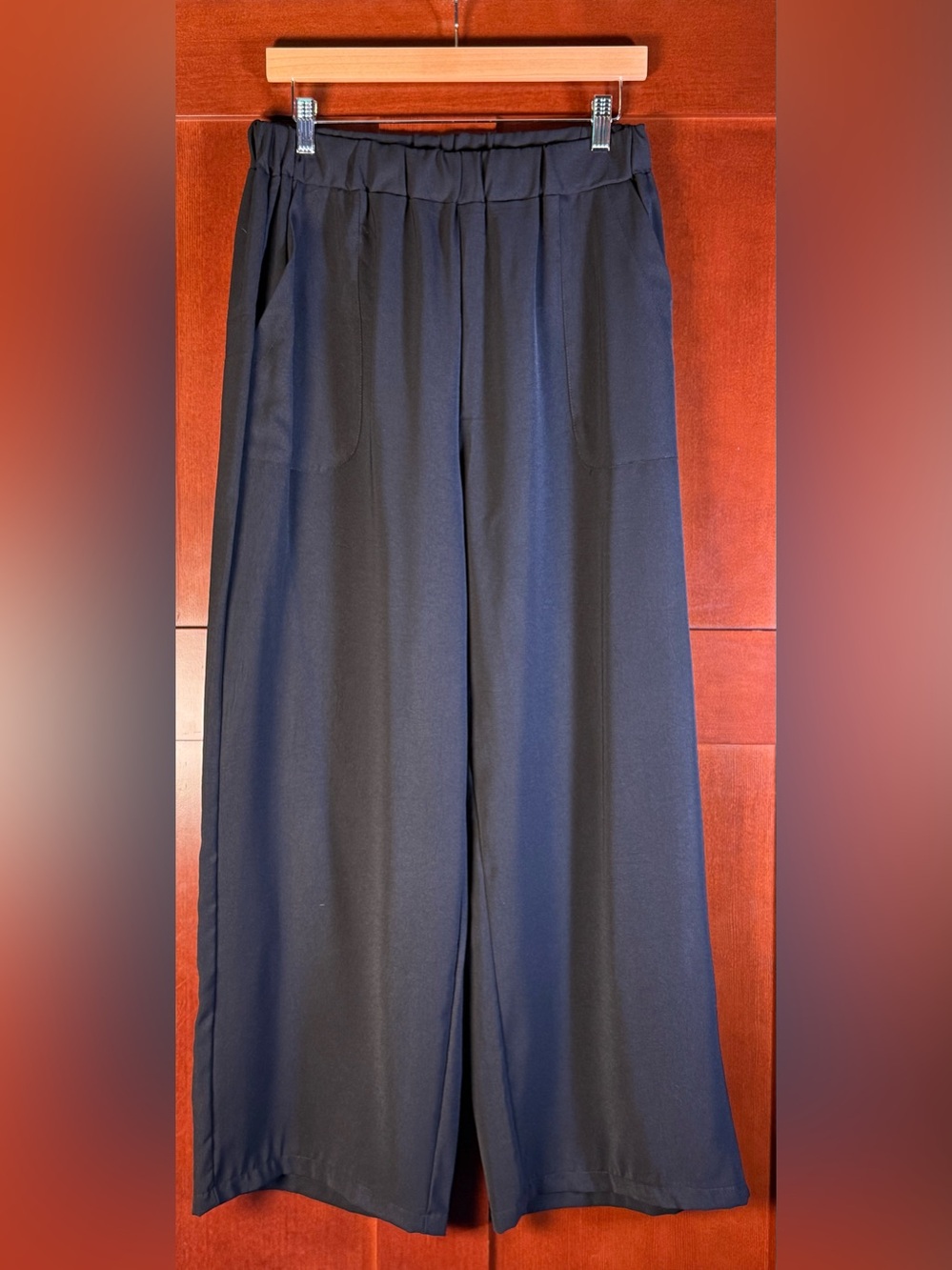 Black Wide Leg Pants XL Elastic Waist Pockets Cropped Relaxed Minimalist